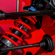 A close up photo of the new suspension and dampers on the Caterham sports car.